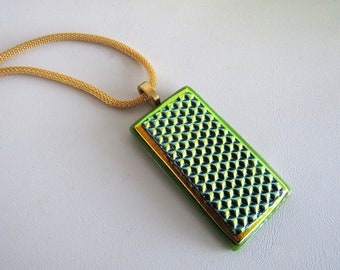 Fused Glass Green Pendant Necklace Olive Dichroic Gold Jewellery Modern Statement Rectangular Glass Pendant DawnofCreation Glass Unique