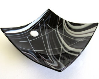 Fused Glass Bowl 8" Black and White Glass Square Dish Abstract Moon Art Affordable Handmade Corporate Gifts Home Decor Art Gifts for Her