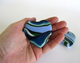 Gift for Mom Glass Art Heart (2) Paperweights Blue Green Fused Glass Art Handmade Studio Cast Glass Art Glass Paperweight Gifts for Her