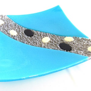 Fused Glass Art Bowl Square Centerpiece Aqua Blue River Rocks Stepping Stones Gray Modern Abstract Studio Art Dawn of Creation Glass