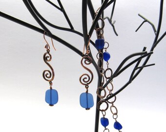 Cobalt Glass Copper Necklace Earring Set Hammered Antique Copper Extra Long Necklace Dangle Earrings Recycled Blue Glass Dawn of Creation