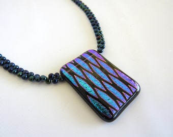 Dichroic Glass Necklace Blue Purple Beaded Fused Glass Jewelry Jewellery Silver Modern Geometric Minimalist Glass Unique