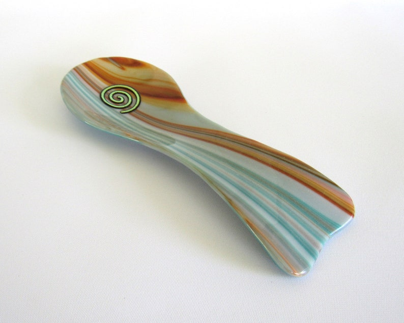 Fused Glass Spoon Rest Orange Blue Metallic Spiral Kitchen Accessory Fused Art Glass Utensil Holder Chef Gifts Cook Gift DawnofCreation image 4