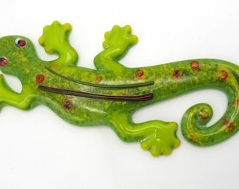 Green Glass Gecko Lizard Large 9" Fused Cast Glass Nature Inspired Sculpture Botanical Art Figurine Dawn of Creation Glass Gifts