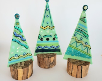 Fused Glass Art Holiday Tree Centerpiece Green Glass Trees Table Top with Stands ChristmasTrees Wood Bases Dawn of Creation