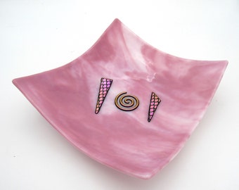Glass Art Pink Bowl Fused Art Glass Square Shallow Pink Gold Dichroic Spiral Fused Glass Art Artwork Business Gift Mothers Day Gift for her