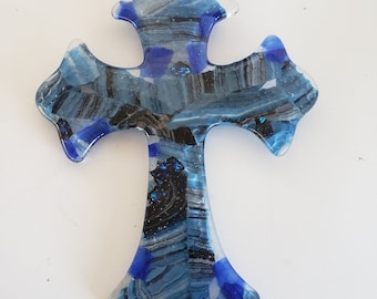 Fused Glass Art Wall Cross Blue Religious Christian Christmas Gift Wall Art Hanging from Dawn of Creation