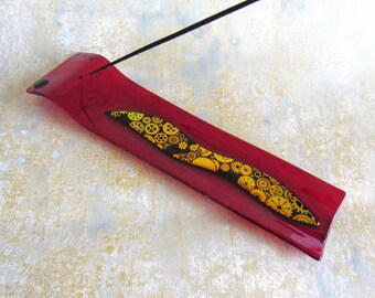 Incense Holder Insences Burner Ruby Red Steampunk Art Dichroic Lines Fused Art Glass Smoke Culture House Accessory Mystical DawnofCreation