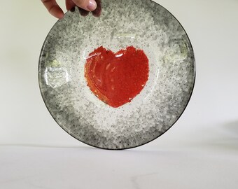 Fused Glass Bowl Gray Red Heart Dish Heavy Cast Black Fused Glass Love Red Design Art Glass Affordable Handmade Gifts DawnofCreation
