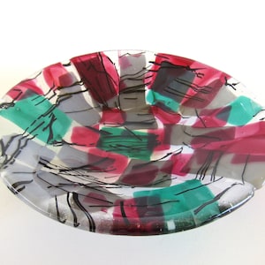 Glass Art Bowl Cranberry Teal Confetti Fused Glass Fruit Bowl Serving Bowl Dish Modern Art Coworker Housewarming Gift for Her Gift for Mom