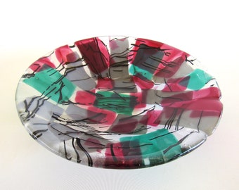 Glass Art Bowl Cranberry Teal Confetti Fused Glass Fruit Bowl Serving Bowl Dish Modern Art Coworker Housewarming Gift for Her Gift for Mom
