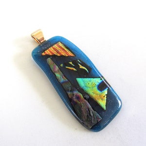 Aqua Blue Fused Dichroic Glass Colgante Collar Fused Glass Aqua Collar Llamativo Grande Joyas Joyas Oro Azul Amanecer de la Creación