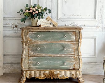 French Country Bombe Chest – Distressed Three-Drawer Accent Dresser