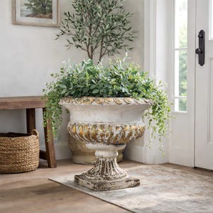 Puede incluir: Una gran jardinera blanca y dorada adornada, llena de follaje verde. La jardinera tiene una apariencia envejecida y antigua y se asienta sobre una base cuadrada. Una cesta tejida y un banco de madera están en el fondo, lo que sugiere un tema de decoración del hogar.