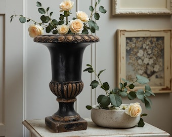 Vintage French Empire Urn Planter: Black & Gold Farmhouse Decor
