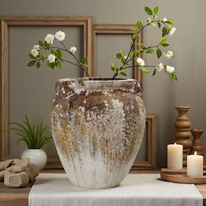 Rustic Aged Garden Pot – Vintage French Style Distressed Urn – Indoor Outdoor Decorative Planter