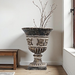 Vintage French Country Urn Planter: Distressed Floral Outdoor Vase