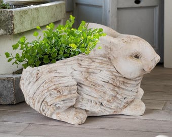 Vintage Rabbit Planter: Distressed Farmhouse Bunny Sculpture Pot