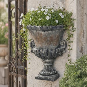 May include: An aged, dark gray and brown wall-mounted planter filled with green foliage and small white flowers. The planter has an ornate, classical design with handles and a pedestal base. The planter is mounted on a light-colored stone wall.