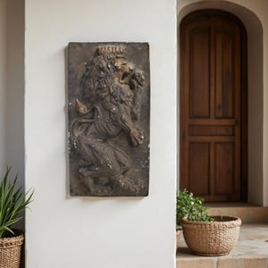 Antique Lion Crest Wall Panel: Medieval Heraldic Plaque, Distressed Bronze Finish