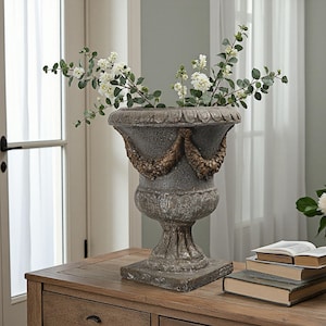 Vintage French Urn Planter – Distressed Pedestal Vase with Garland – Classic Outdoor Garden Accent