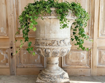 Distressed Bronze Metal Urn Planter: French Country Garden Decor (27x17 inches)