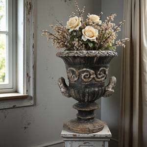 Vintage Urn Planter: Distressed Black and Gold French Garden Vase