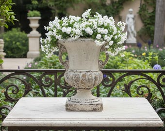 French Vintage Urn Planter: Distressed Farmhouse Vase with Handles