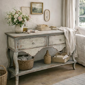 May include: A distressed, pale blue and white console table with two drawers and a lower shelf. A wicker basket, a decorative bottle, and a box are on the shelf. A vase of flowers, books, and framed art are on top.