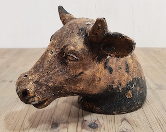 Rustic Bull Head Sculpture: Antique Gold Farmhouse Decor, French Country Animal Statue (9.4”)