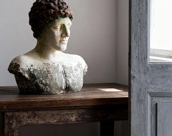 Vintage Greek Youth Bust: Distressed Stone Finish, Rustic Farmhouse Decor