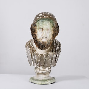 Vintage bearded bust statue, distressed classical sculpture with aged patina, French country farmhouse decor