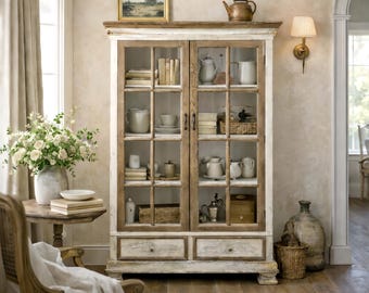 French Farmhouse Glass Door Display Cabinet with Drawers