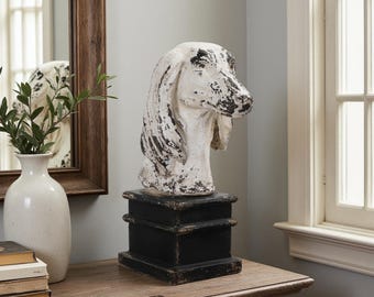 Vintage Dog Bust on Black Base – Rustic Farmhouse Sculpture for Bookshelf or Entry Table