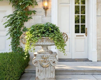 Vintage French Urn Bowl on Pedestal – Large Classical Garden Planter with Distressed Gold Accents