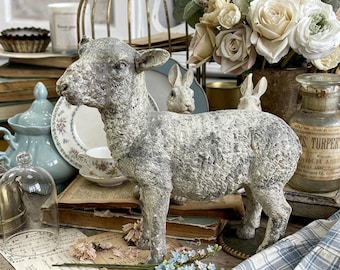 Vintage Sheep Statue, Farmhouse Garden Animal Decor, Rustic Gray Lamb Sculpture, Cottage Outdoor Ornament