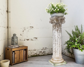 Distressed French Country Pedestal Stand: Rustic Farmhouse Column Decor