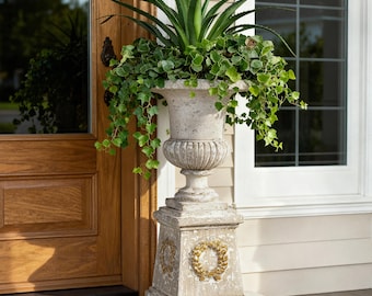 Vintage French Urn Planter on Pedestal – Tall Classical Garden Decor with Distressed Stone Finish