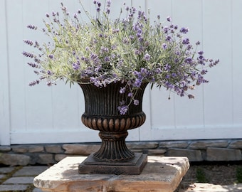 Vintage French Urn Planter: Distressed Black and Gold Pedestal Vase, 18.7” Decorative Garden Pot