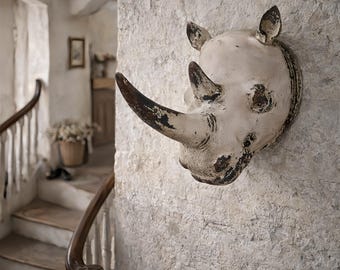 Large Distressed Rhino Head Wall Decor