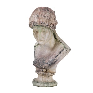 Vintage female bust statue, distressed classical sculpture with aged patina, French country farmhouse decor
