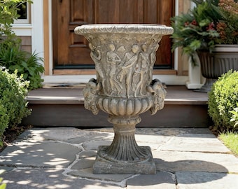 Vintage Garden Urn Planter, Classical Relief, Antique Gray Pedestal