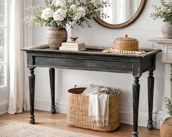 French Country Tray Top Console Table, Rustic Black Entryway Table