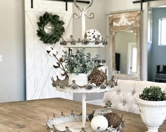 Distressed White Metal 3-Tier Crown Stand: Farmhouse Dessert Display