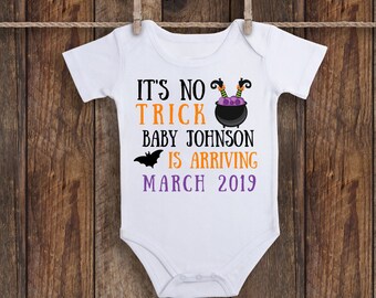 It's no Trick Pregnancy Announcement Halloween Fall Autumn pumpkin Baby Infant Bodysuit One piece Infant Shirt