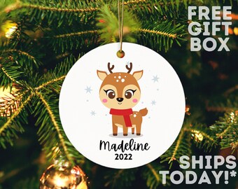 Ceramic Ornament / Girls Christmas Ornament / Custom Kids Ornament / Personalized Reindeer Ornament