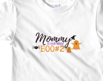 Mommy is Due with Boo #2 Halloween Pregnancy Announcement Big Sister Big Brother Short sleeve kids t-shirt