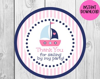 INSTANT DOWNLOAD Pink Thanks for Sailing By My Party  /  Gift Tags Nautical Party Printable Stickers, Labels, Tags