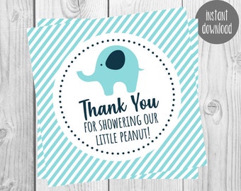 INSTANT DOWNLOAD blue Elephant Baby Shower / Thanks for Showering Our Little Peanut / Thank you Tags / Labels Printable File