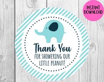 INSTANT DOWNLOAD blue Elephant Baby Shower / Thanks for Showering Our Little Peanut / Thank you Tags / Labels Printable File